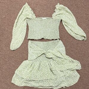 Oh Polly Green Polka Dot Off-Shoulder Top and Skirt Set